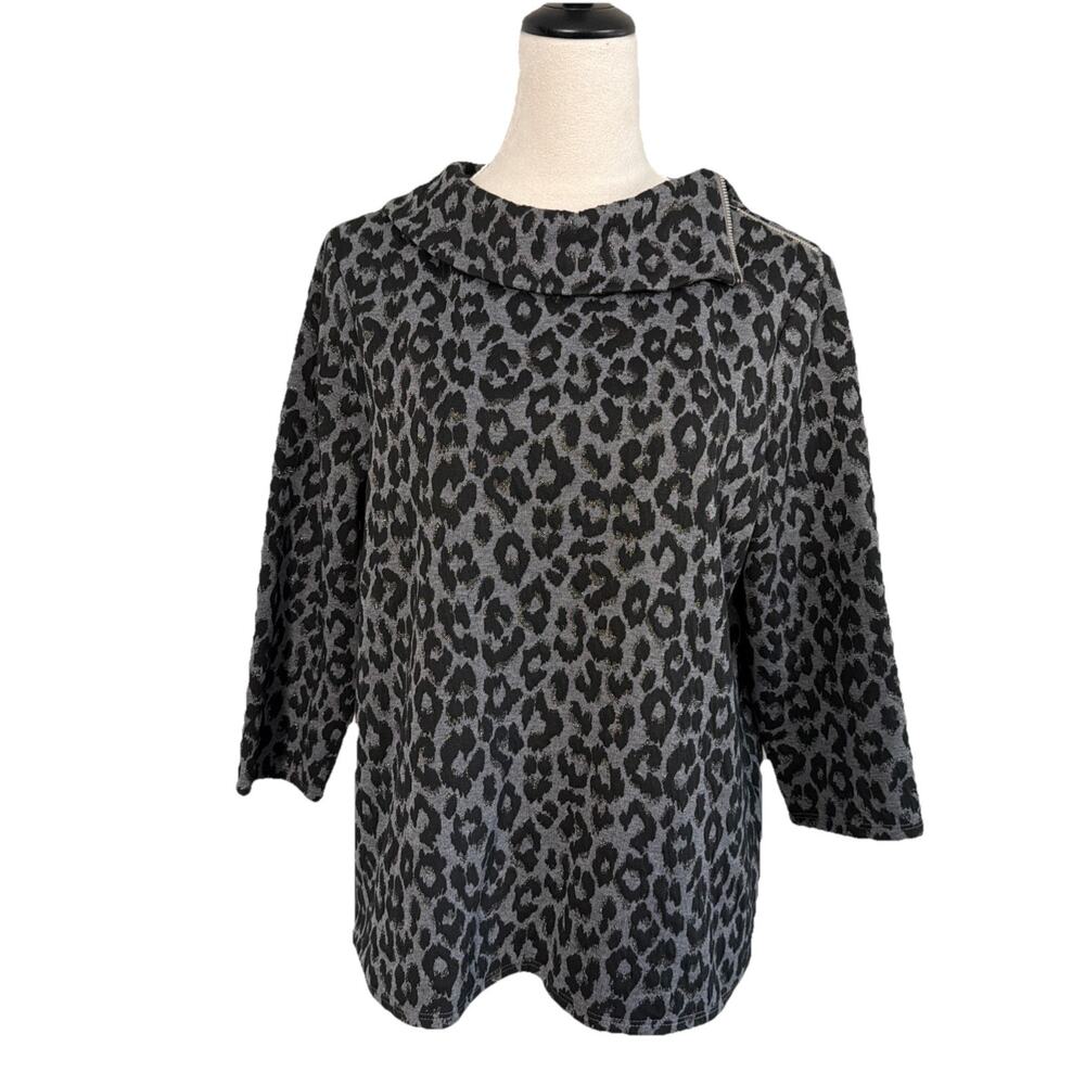 Chico's Blouse Top Womens Lg Black Leopard Print Boatneck Zip Detail 3/4 Sleeve